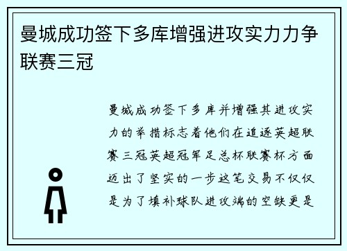 曼城成功签下多库增强进攻实力力争联赛三冠 曼城成功签下多库增强进攻实力力争联赛三冠